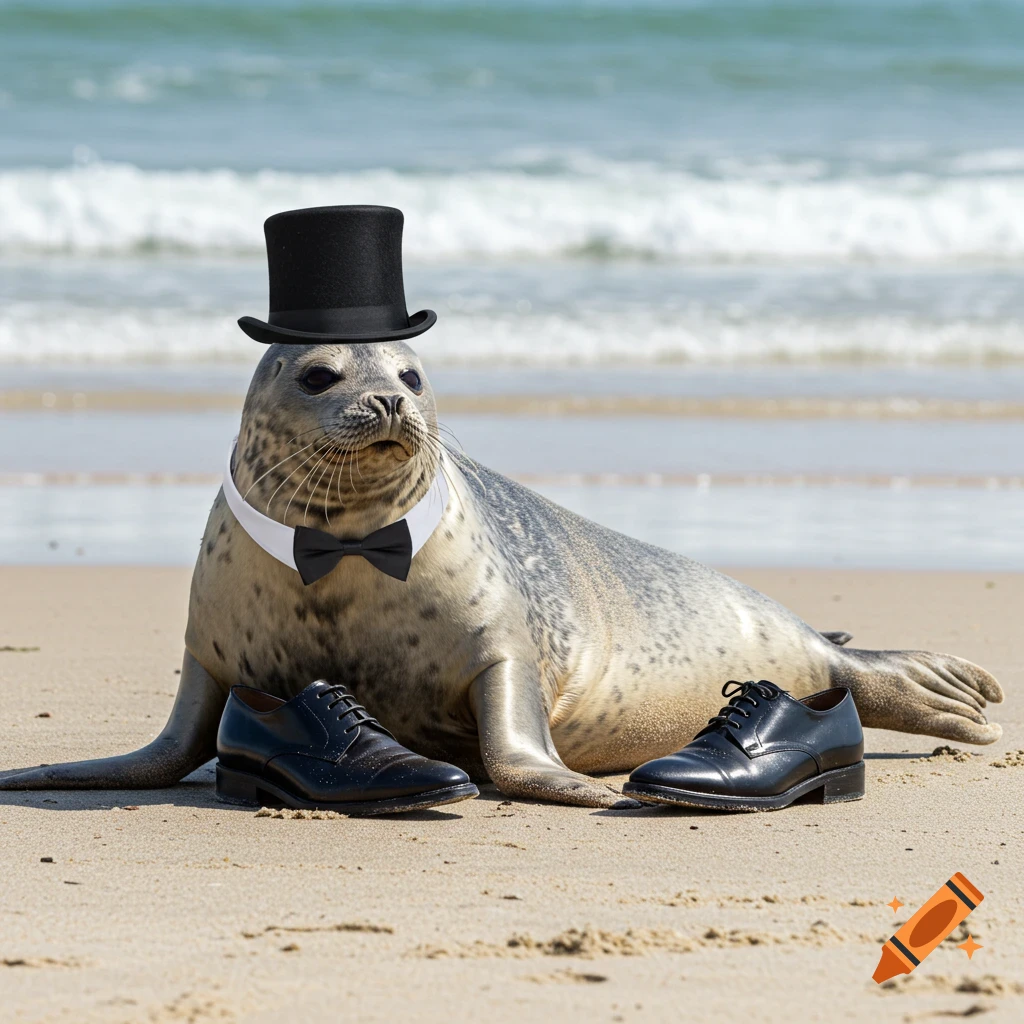 A photorealistic image of a seal in a top hat and bow tie, sitting on a sandy beach with two black dress shoes beside it.