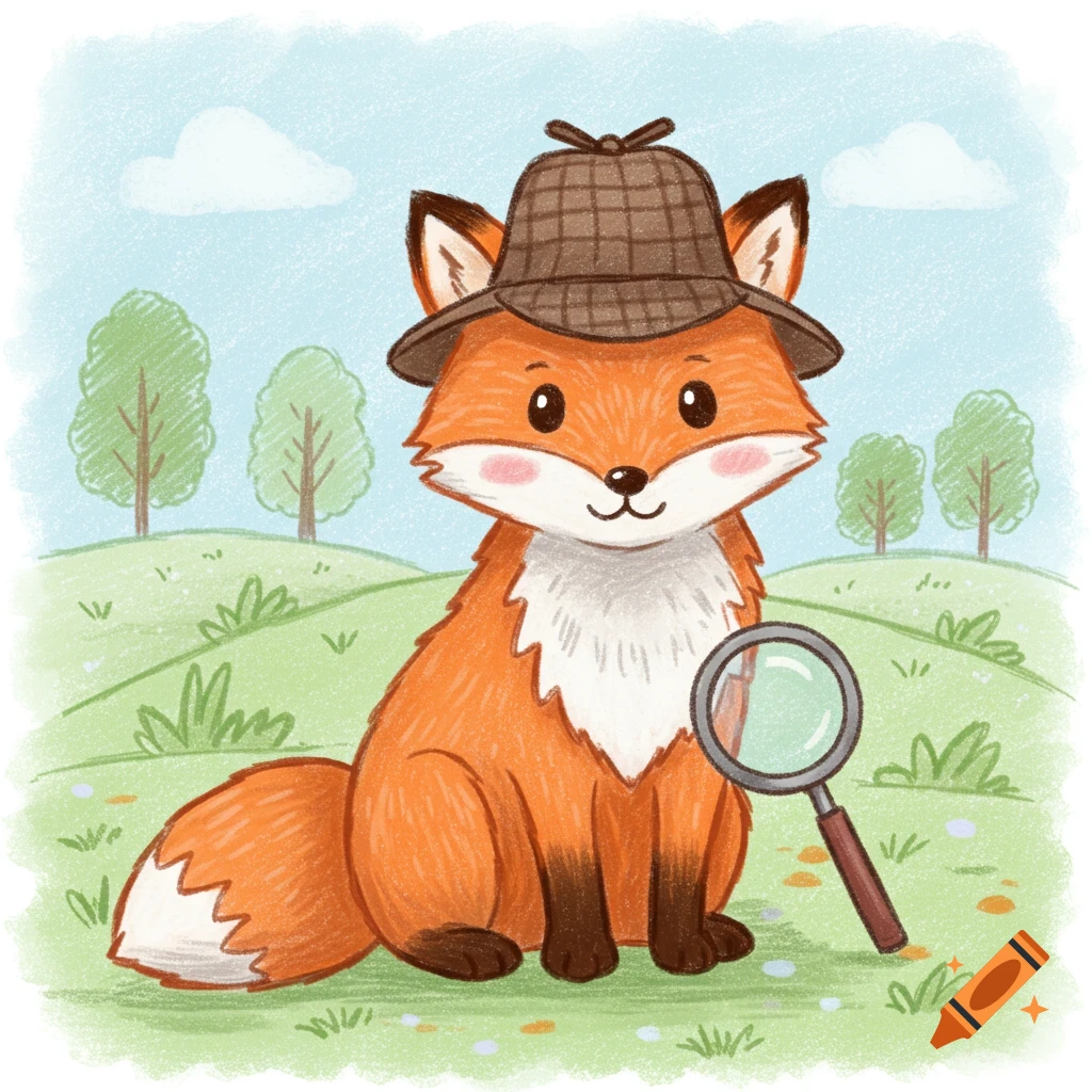 A cute cartoon fox wearing a detective hat sits in a grassy field with a magnifying glass, in a crayon art style.