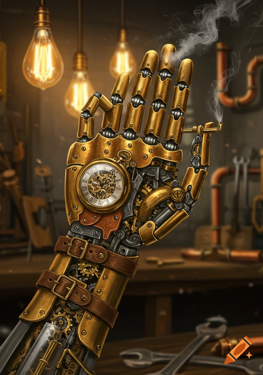 A detailed steampunk robotic hand with a pocket watch embedded, holding a smoking cigarette in a workshop.