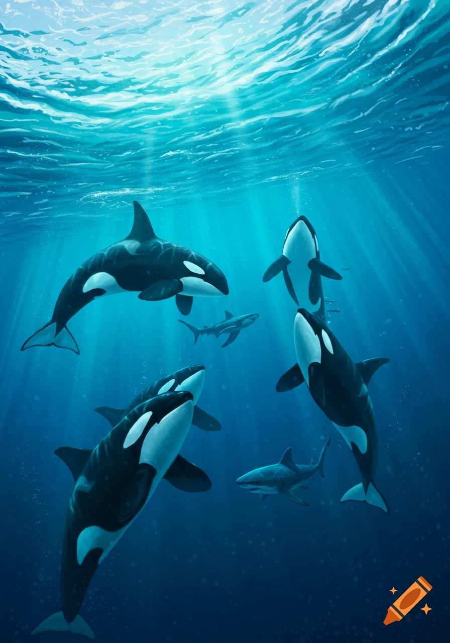 A pod of orcas and two sharks swimming underwater with sun rays shining from the surface.