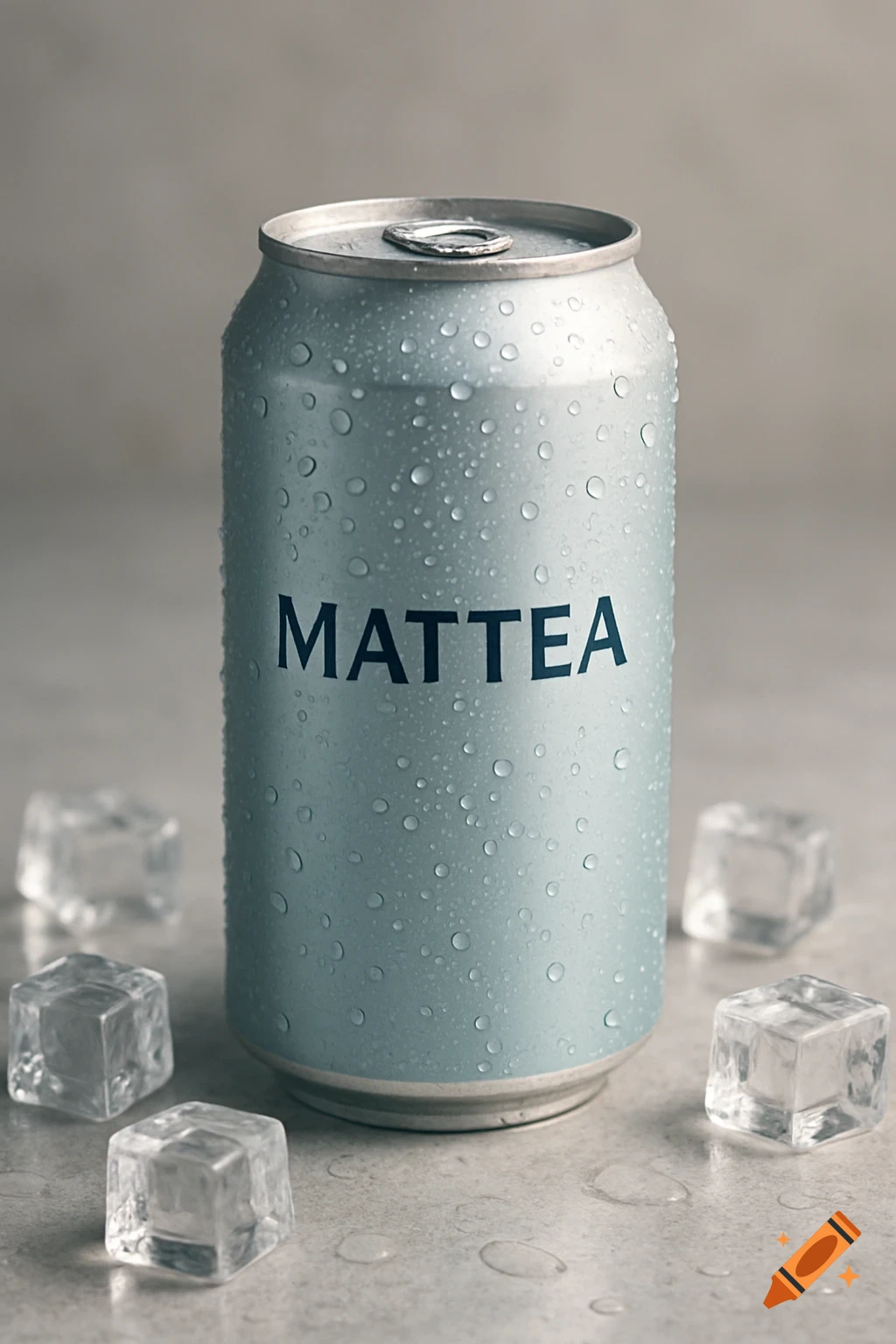 A cold, light blue and silver MATTEA drink can covered in condensation, with ice cubes on a table, in a photorealistic style.