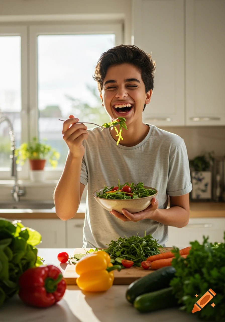 A smiling person in a kitchen, happily eating a bowl of fresh salad with a fork, surrounded by various vegetables.