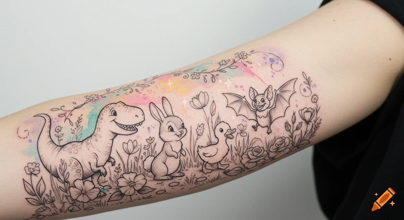Watercolor line art tattoo on a forearm featuring a T-Rex, bunny, duckling, and bat in a pastel floral scene.