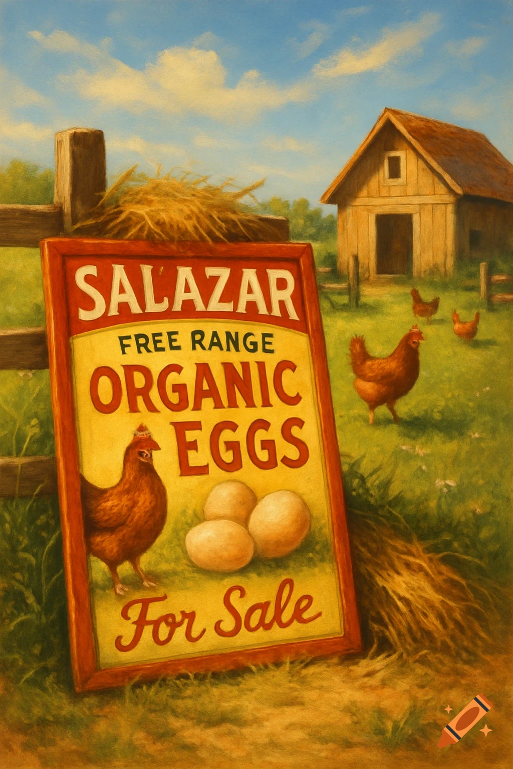 A painterly image of a farm scene with a sign advertising "SALAZAR FREE RANGE ORGANIC EGGS For Sale", a barn, and chickens in a grassy field.