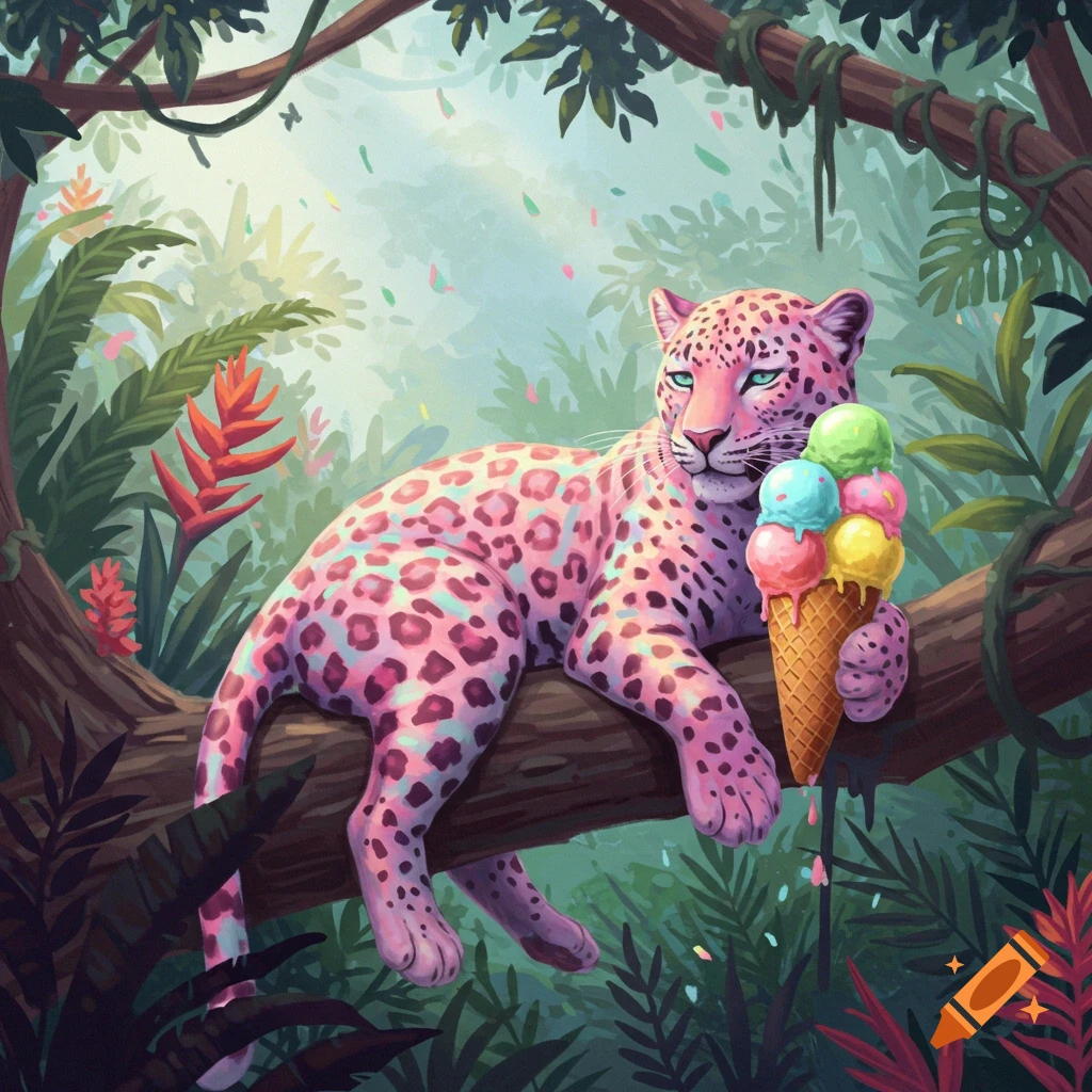 A pink and purple candy-colored leopard holds a melting ice cream cone while resting on a tree branch in a vibrant jungle illustration.