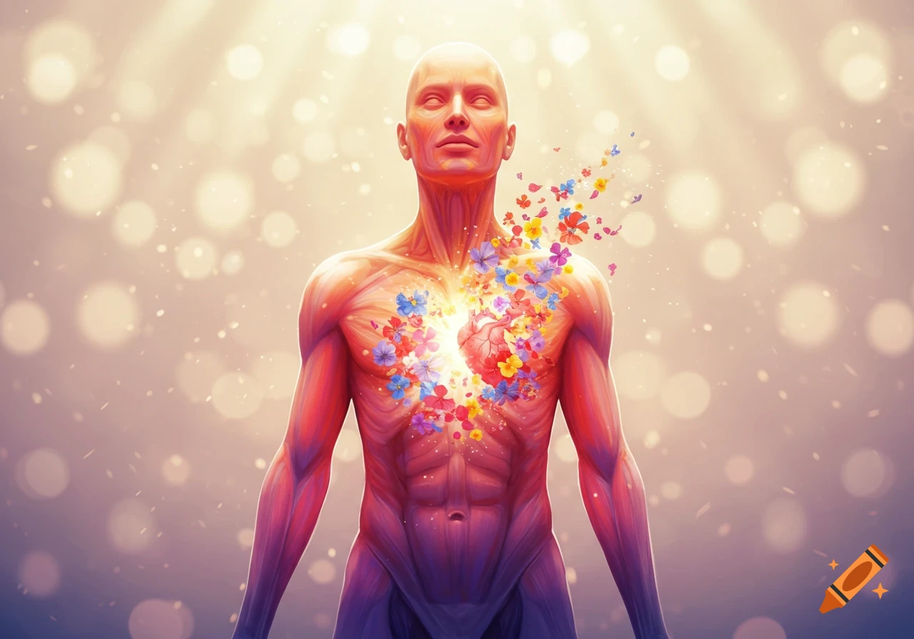 A stylized human figure with flowers and petals bursting from its chest against a glowing, ethereal background.