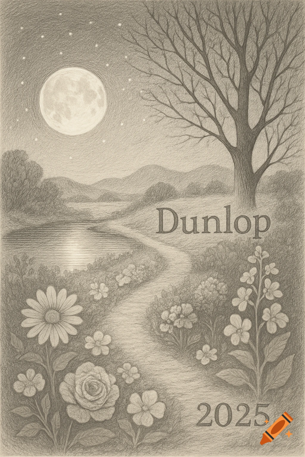 Detailed pencil sketch of a moonlit landscape with a bare tree, path, lake, flowers, and the words 'Dunlop' and '2025'.
