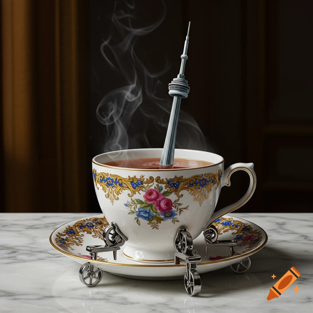A fancy teacup with wheels and a miniature CN Tower as a spoon, steaming with hot tea on a marble surface.
