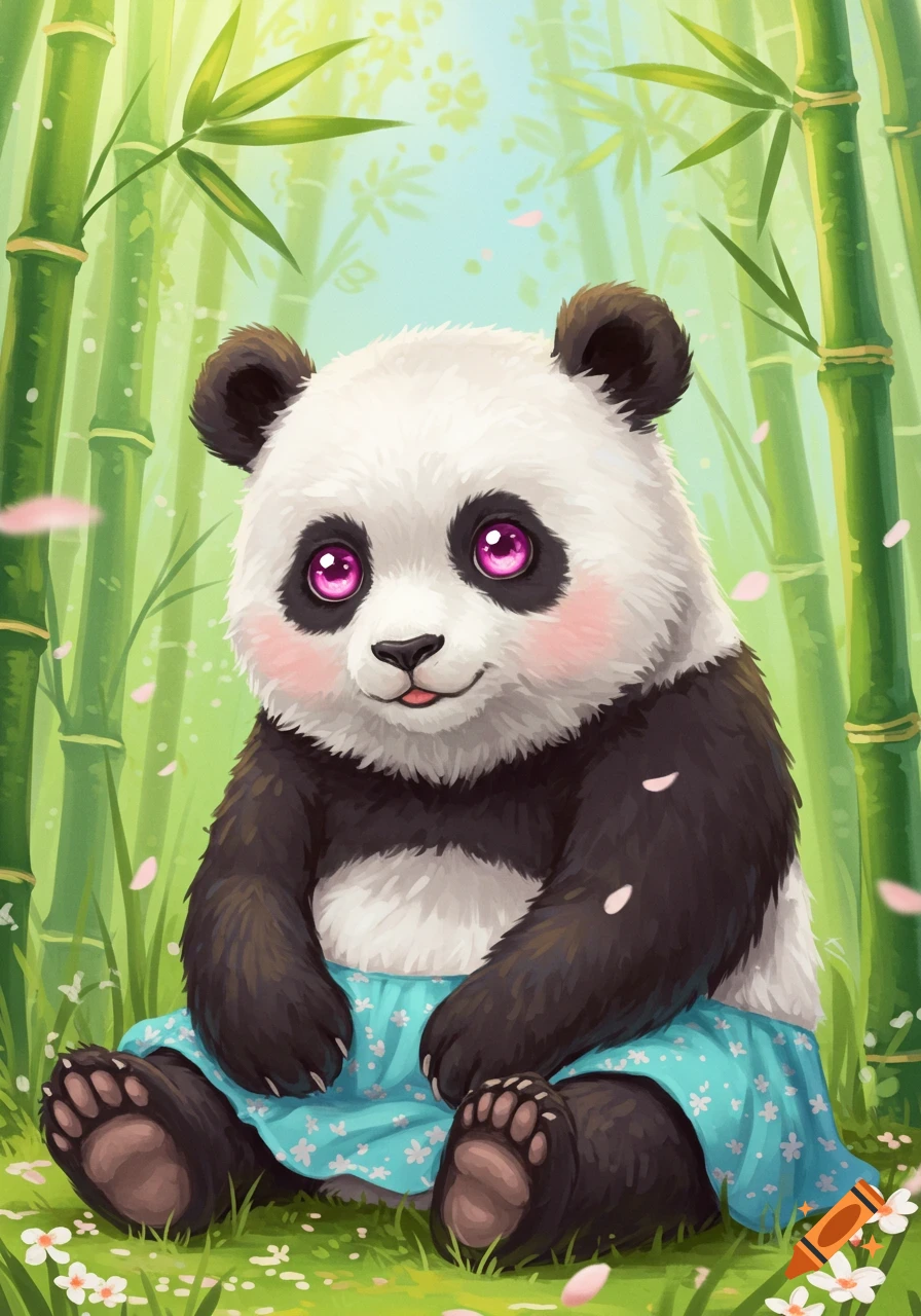 A cute illustrated panda with bright pink eyes and a blue floral skirt sits in a vibrant green bamboo forest, surrounded by small white flowers and falling pink petals.