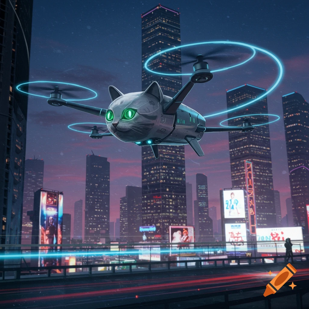 A futuristic cat-shaped drone with glowing green eyes flies over a neon-lit cyberpunk city at dusk.