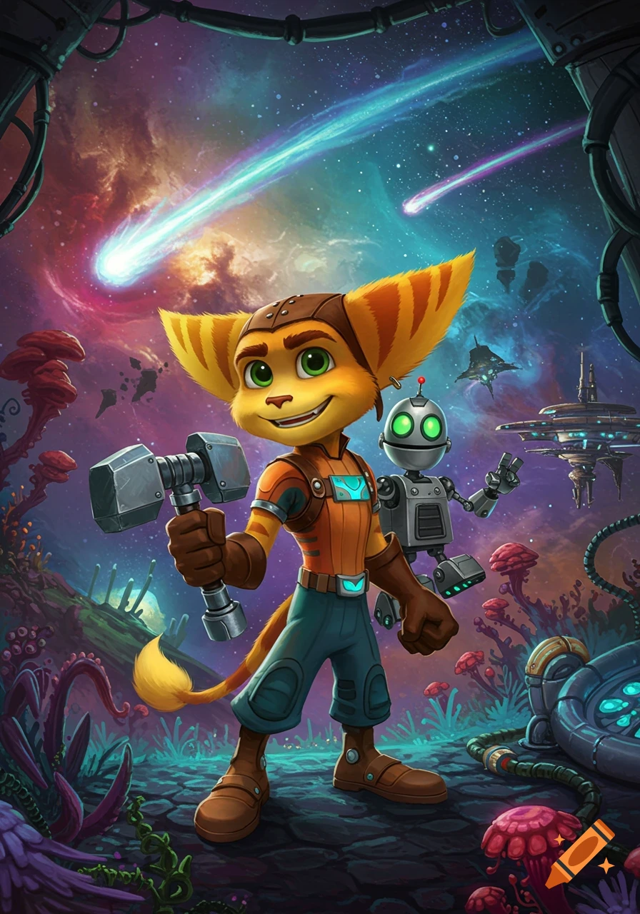 Animated Ratchet with a hammer and Clank the robot on a vibrant alien planet under a cosmic sky.
