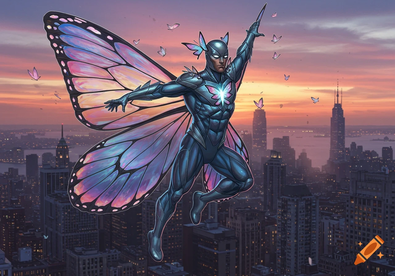 A muscular superhero with large, iridescent butterfly wings flies over a city skyline at sunset.