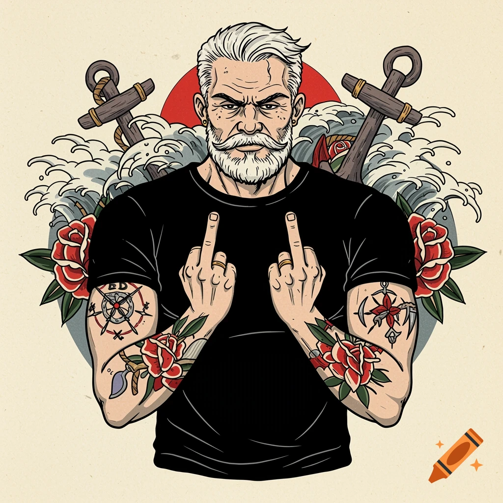 A colorful Sailor Jerry style illustration of a tough-looking, white-haired man with a goatee, wearing a black t-shirt, showing two middle fingers. He has arm tattoos and anchors and waves behind him.