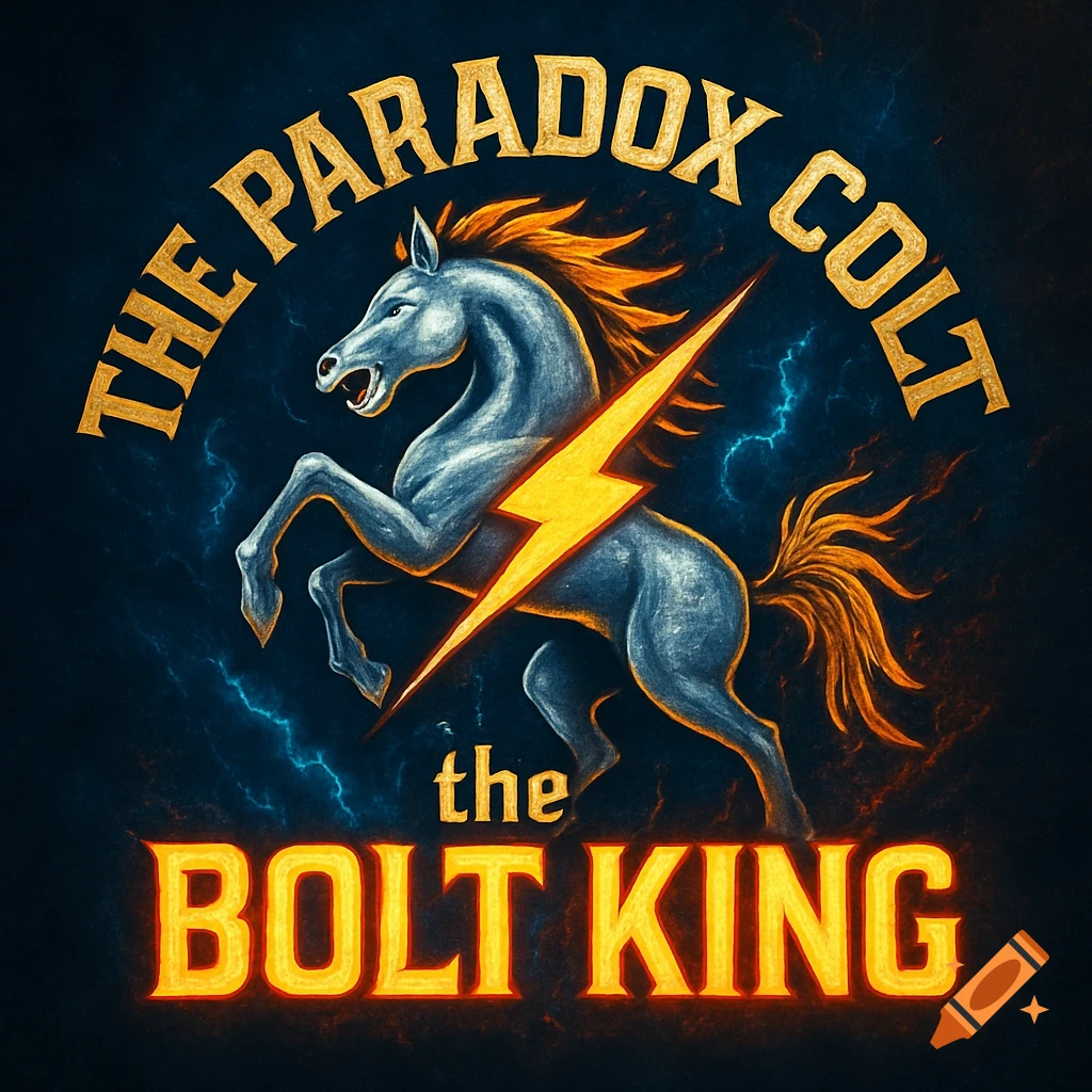 Stylized logo of a blue horse rearing with a yellow lightning bolt, and text 'THE PARADOX COLT the BOLT KING'.