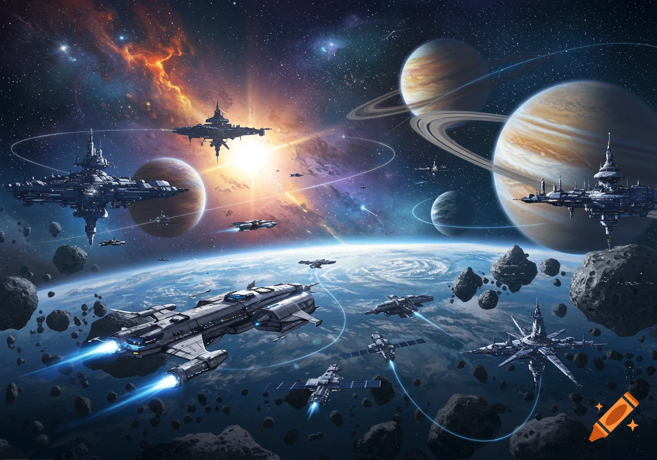 A fleet of futuristic spaceships and space stations orbit a blue planet amidst asteroids, nebulae, and gas giants in a detailed, epic space scene.