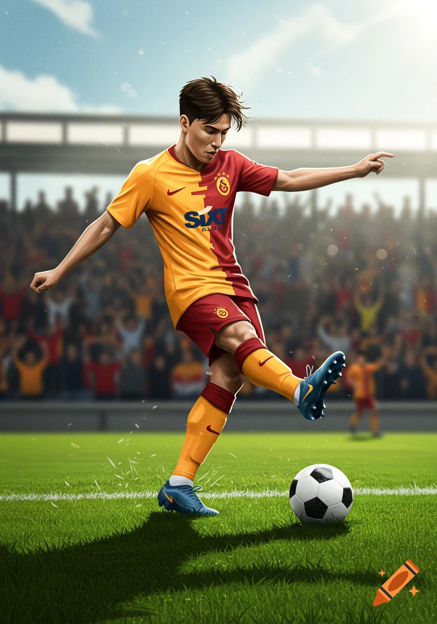 A male soccer player in a yellow and red jersey prepares to kick a soccer ball on a green field in a stadium, digital art.