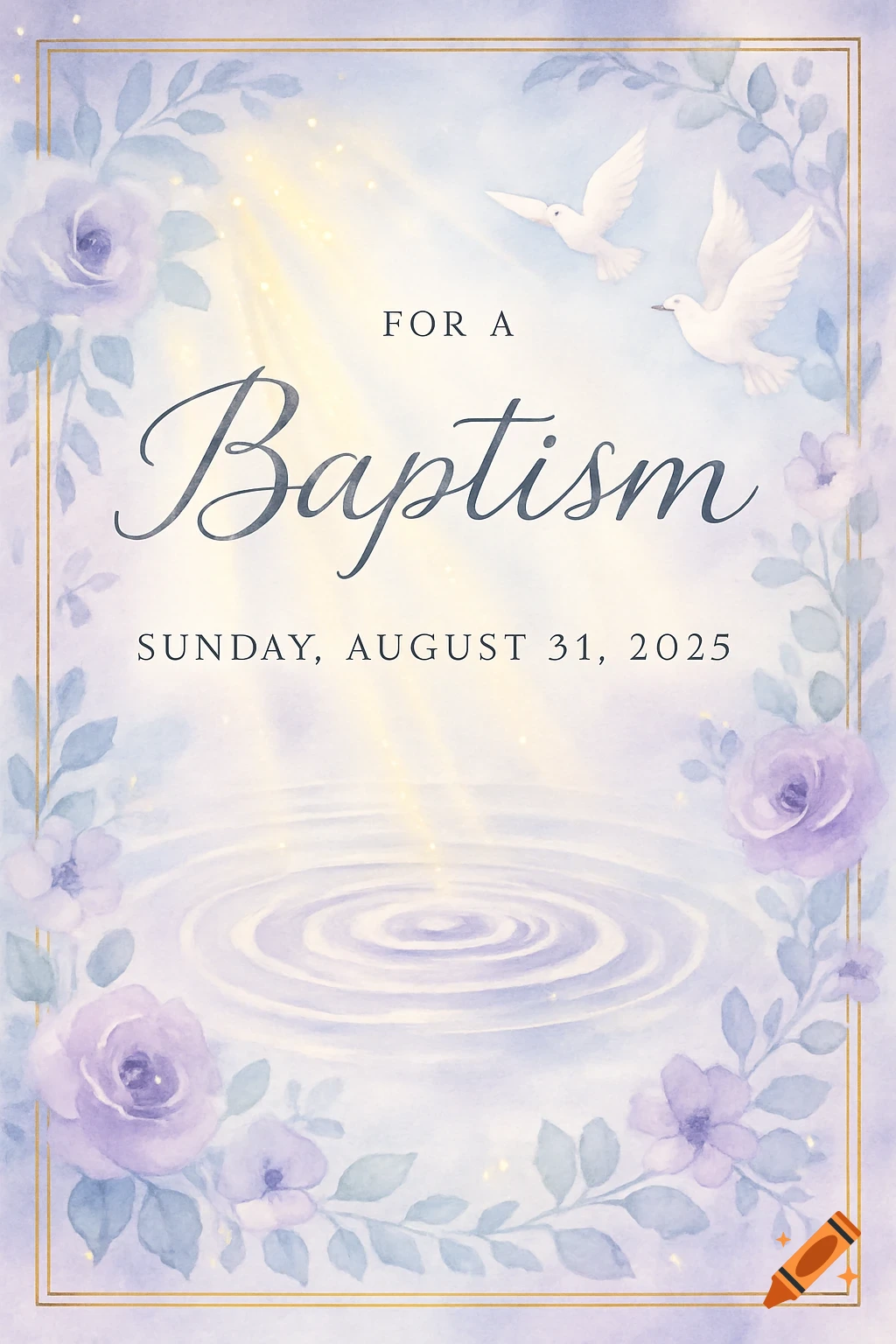 Watercolor baptism invitation card with purple roses, doves, and light rays over water ripples, displaying event details.