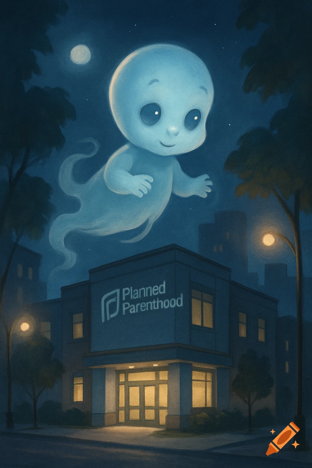 A cute, glowing baby ghost with big eyes floats above a Planned Parenthood building at night, under a moonlit sky.