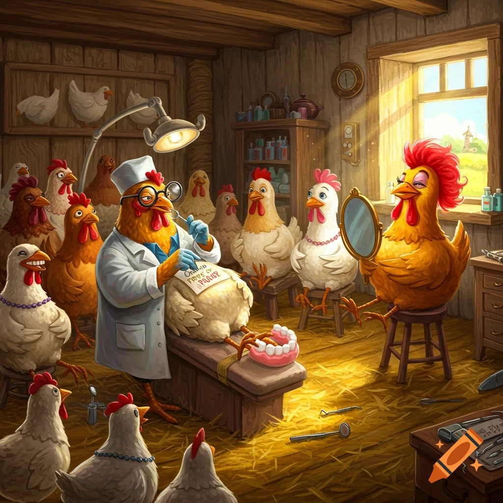 Cartoon chickens in a rustic dental office. A chicken dentist examines a patient while others admire their new teeth in a mirror.