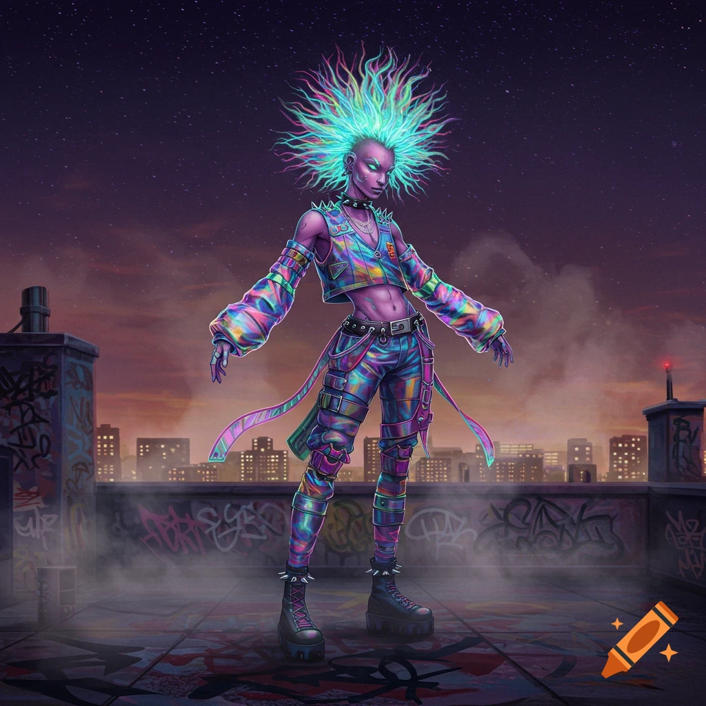 A vibrant, punk-style character with glowing hair and iridescent clothing stands on a graffiti-covered rooftop at dusk.