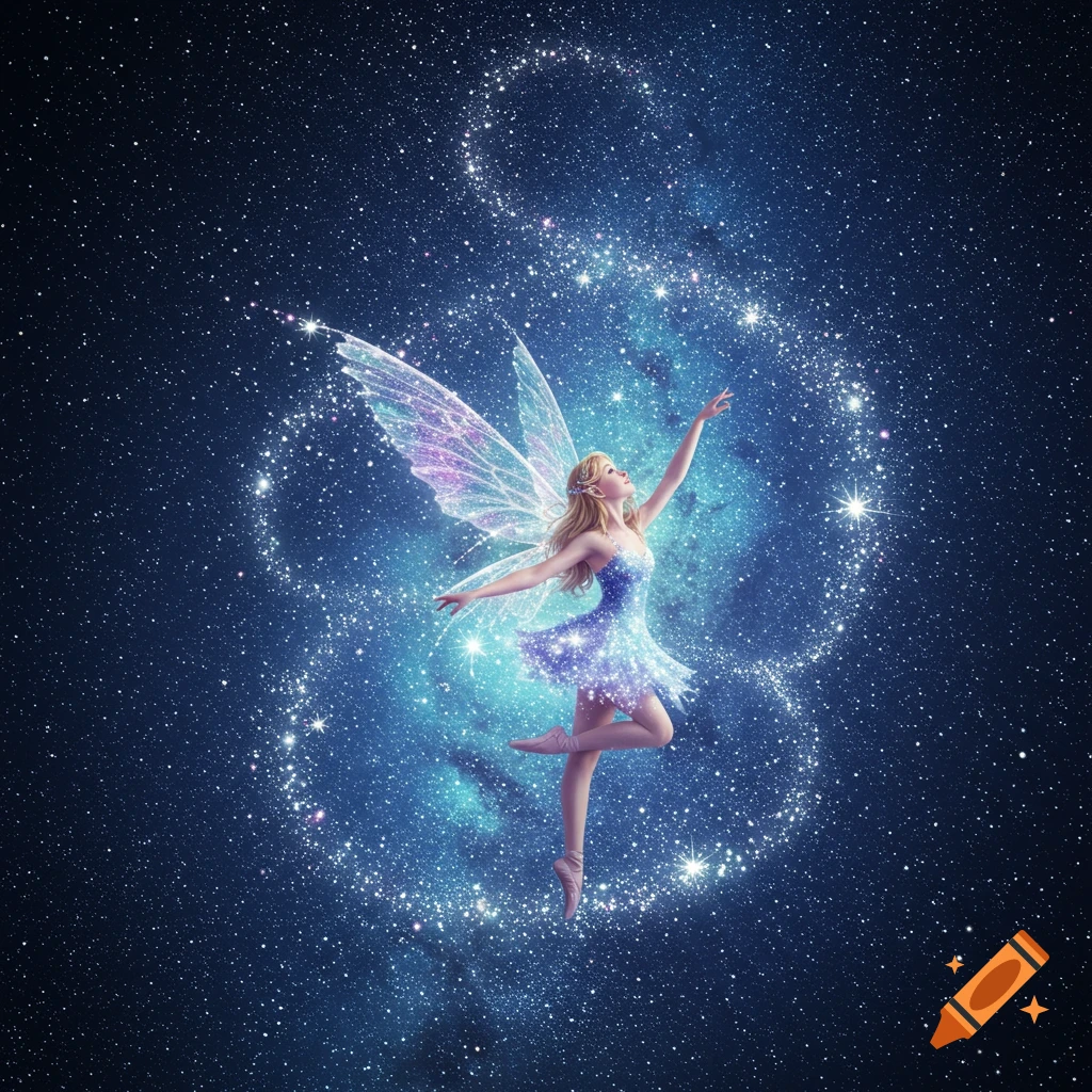 An ethereal fairy in a sparkling blue dress with iridescent wings dances among a swirl of glowing stars in a dark blue galaxy.