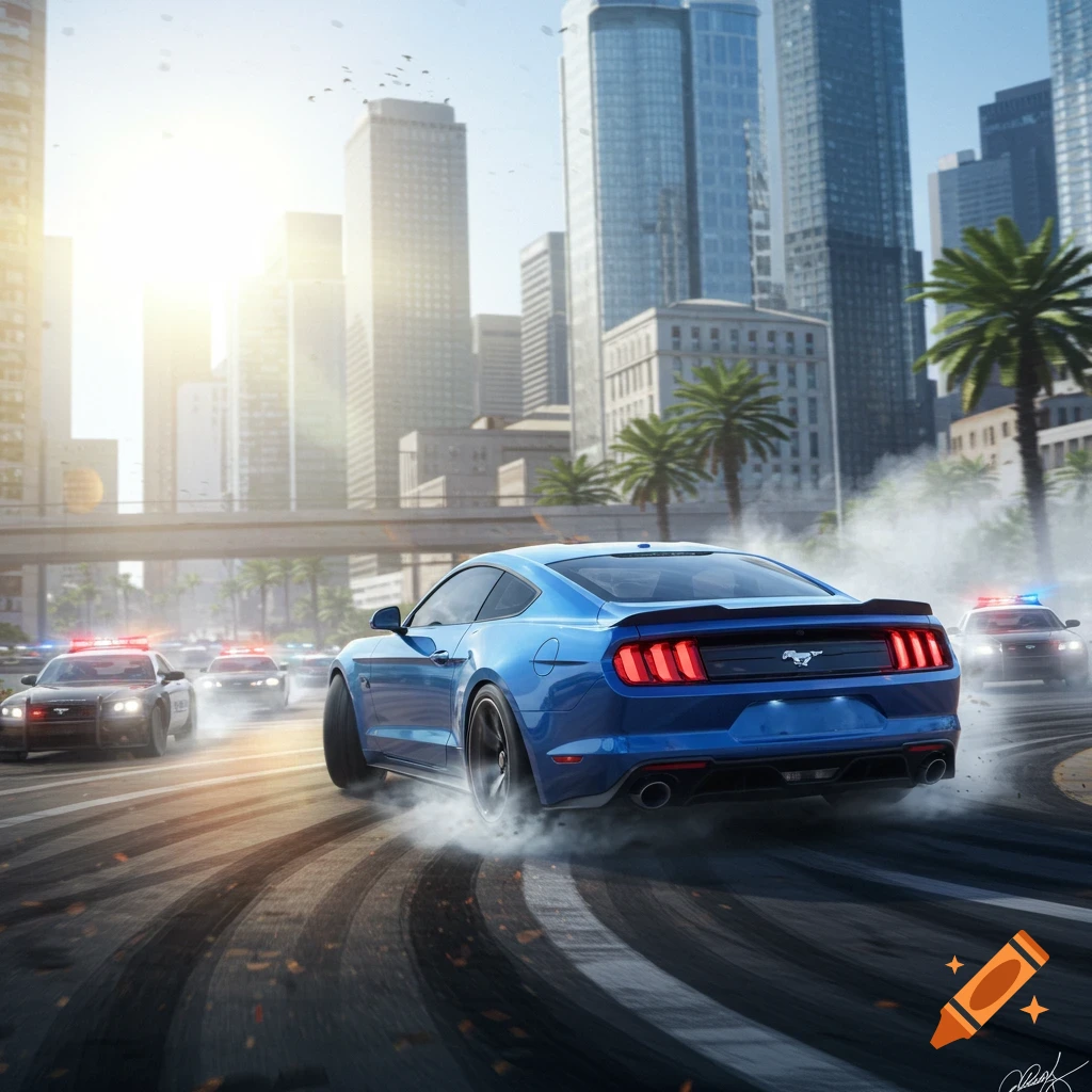 A blue Ford Mustang drifts on a city street, trailed by police cars, under a bright sun.