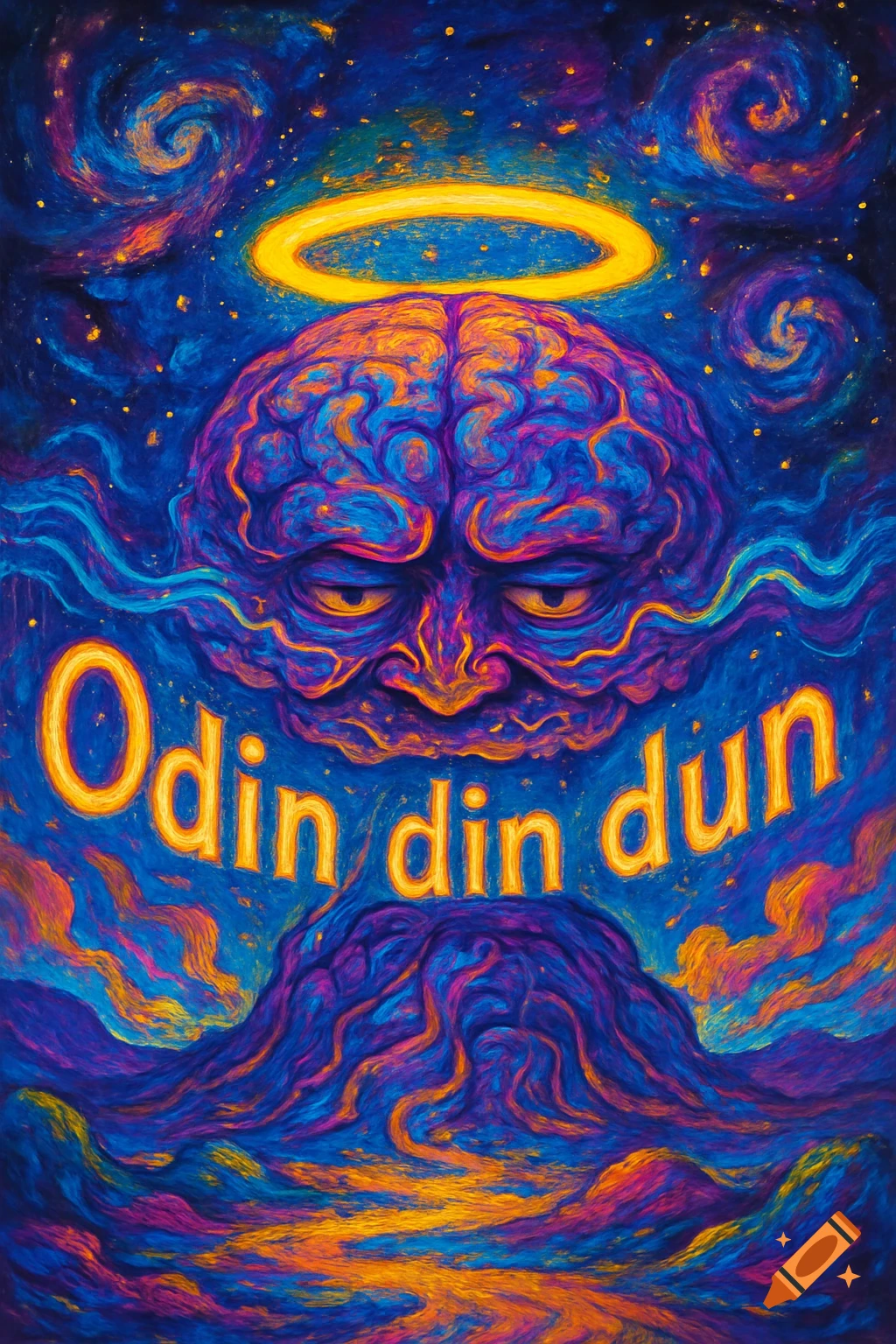 Psychedelic painting of an angry brain with a halo, text 'Odin din dun', in a cosmic, wavy landscape.
