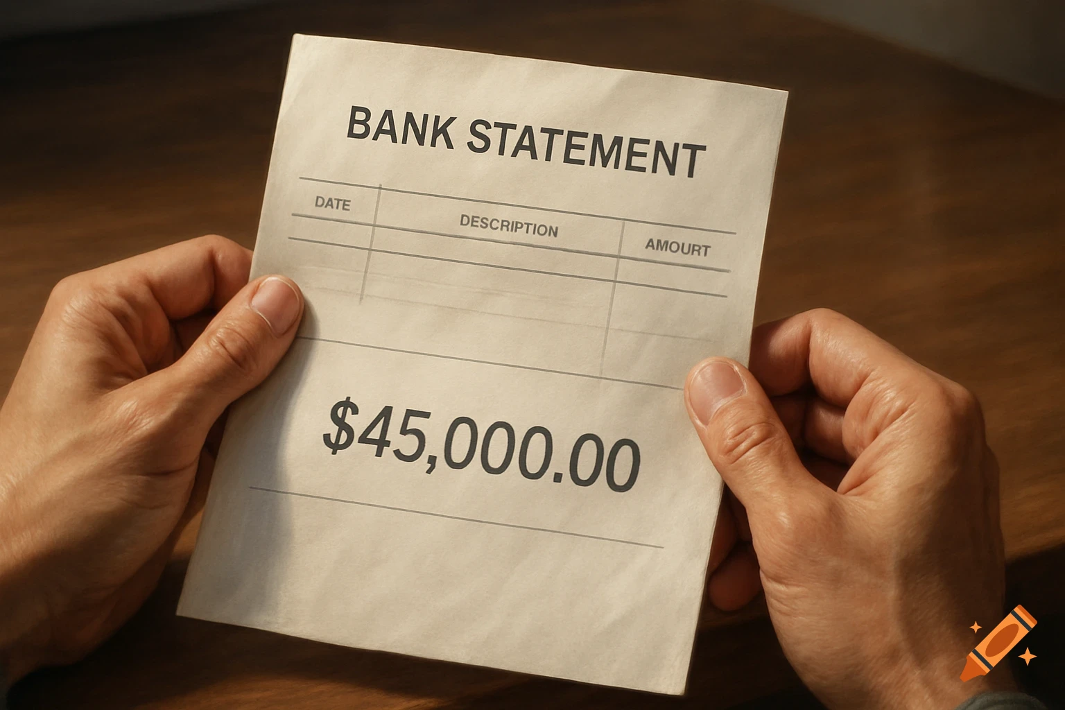 Two hands hold a bank statement displaying '$45,000.00' against a wooden table background in a realistic style.