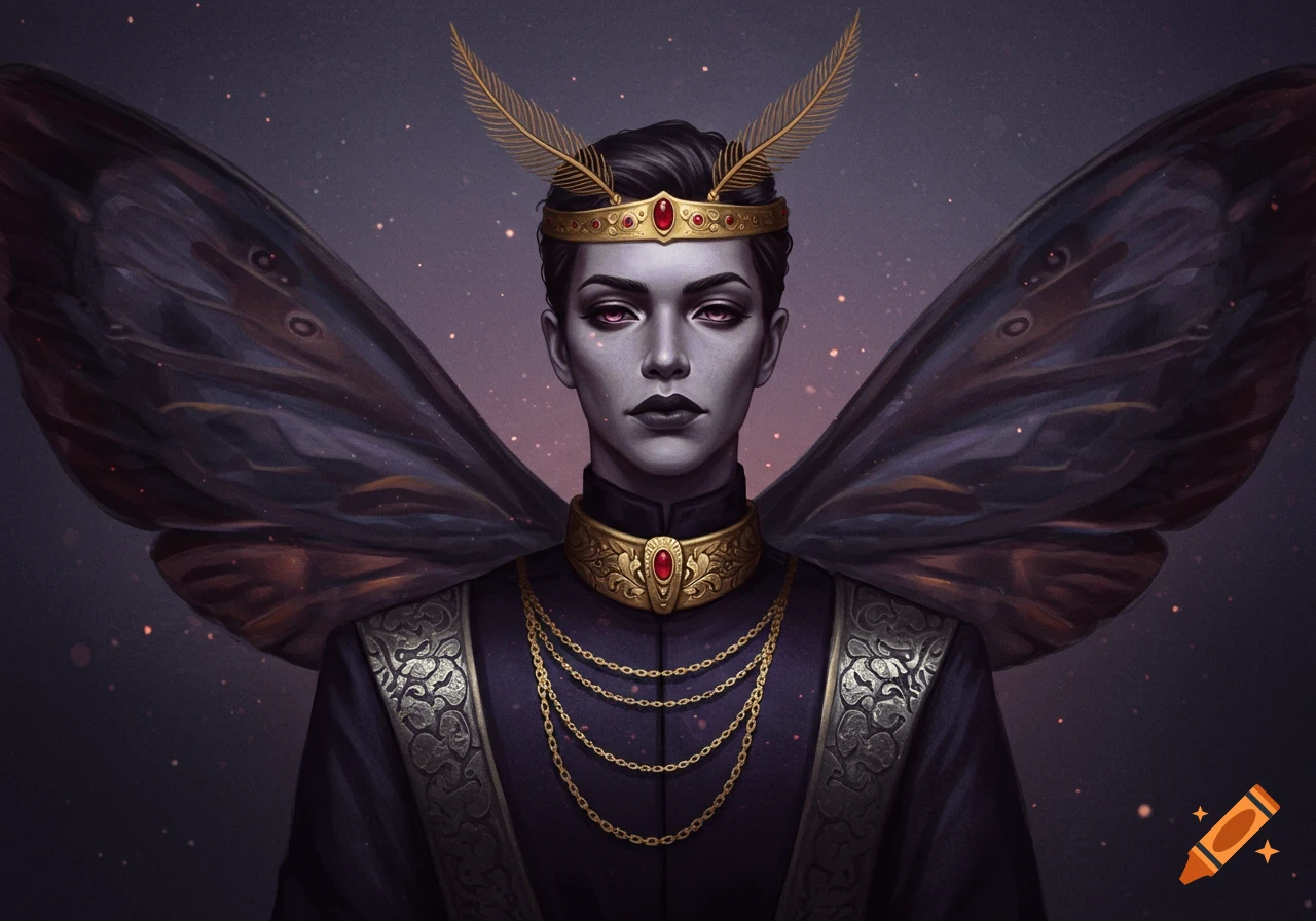 Majestic fantasy character with grey skin, short dark hair, large dark moth wings, a golden crown, and ornate, gold-trimmed attire.