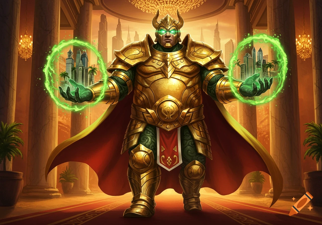 A golden-armored character with glowing eyes stands in a grand hall, levitating miniature cities within green energy rings. Fantasy illustration.