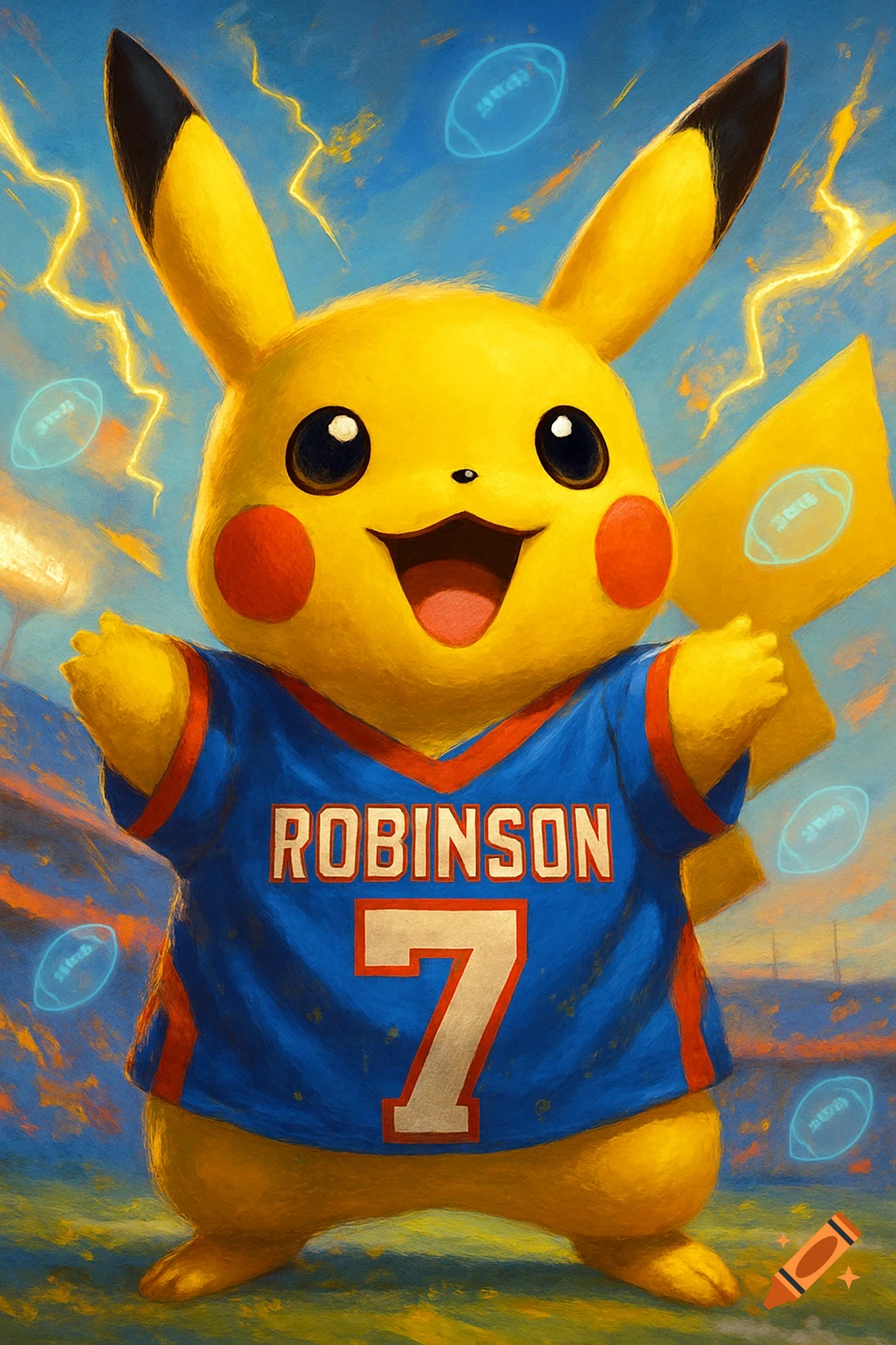 Pikachu in a blue football jersey with 'ROBINSON 7' on it, on a field with lightning and glowing footballs, in a painterly style.