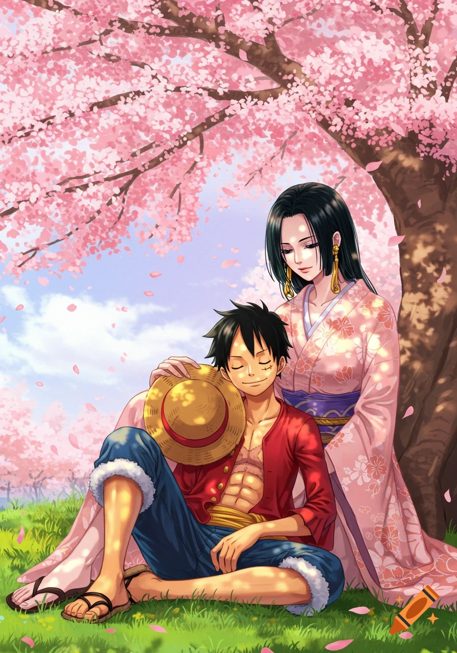 Anime art of Luffy sleeping peacefully on Hancock's lap under a beautiful pink cherry blossom tree, with petals falling.