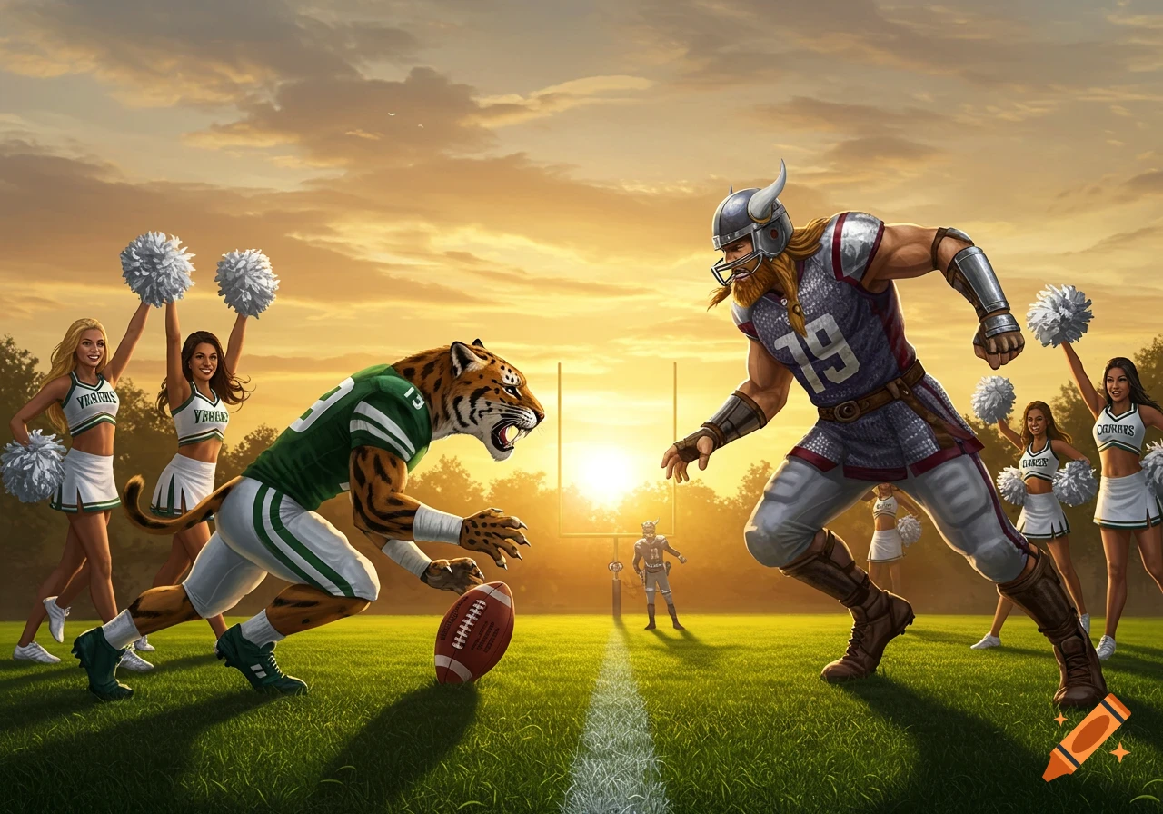 A fantasy football match between an anthropomorphic tiger and a Viking, with cheerleaders, at sunset on a grassy field.