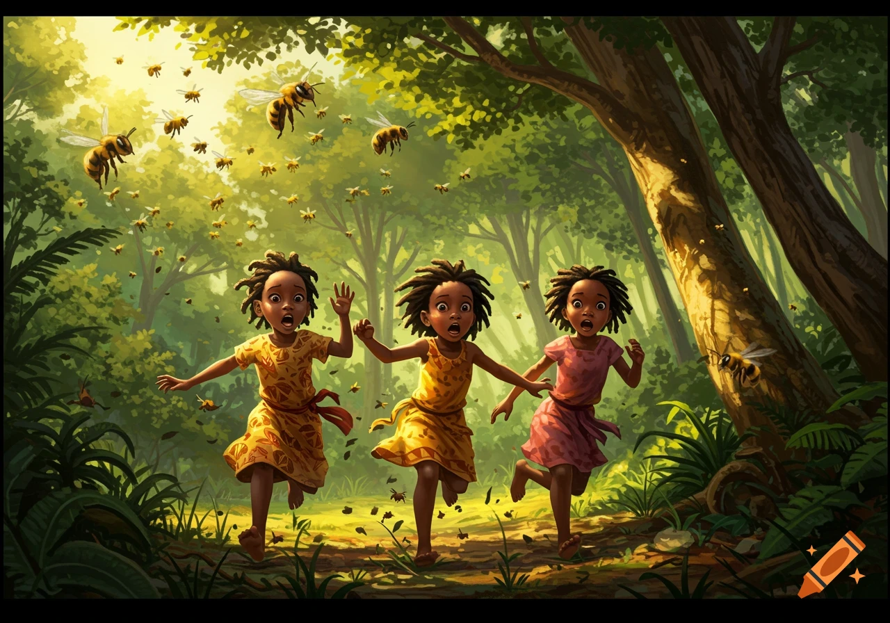 Three young African girls with dreadlocks run in panic through a vibrant forest, chased by a swarm of bees in a lively illustration.