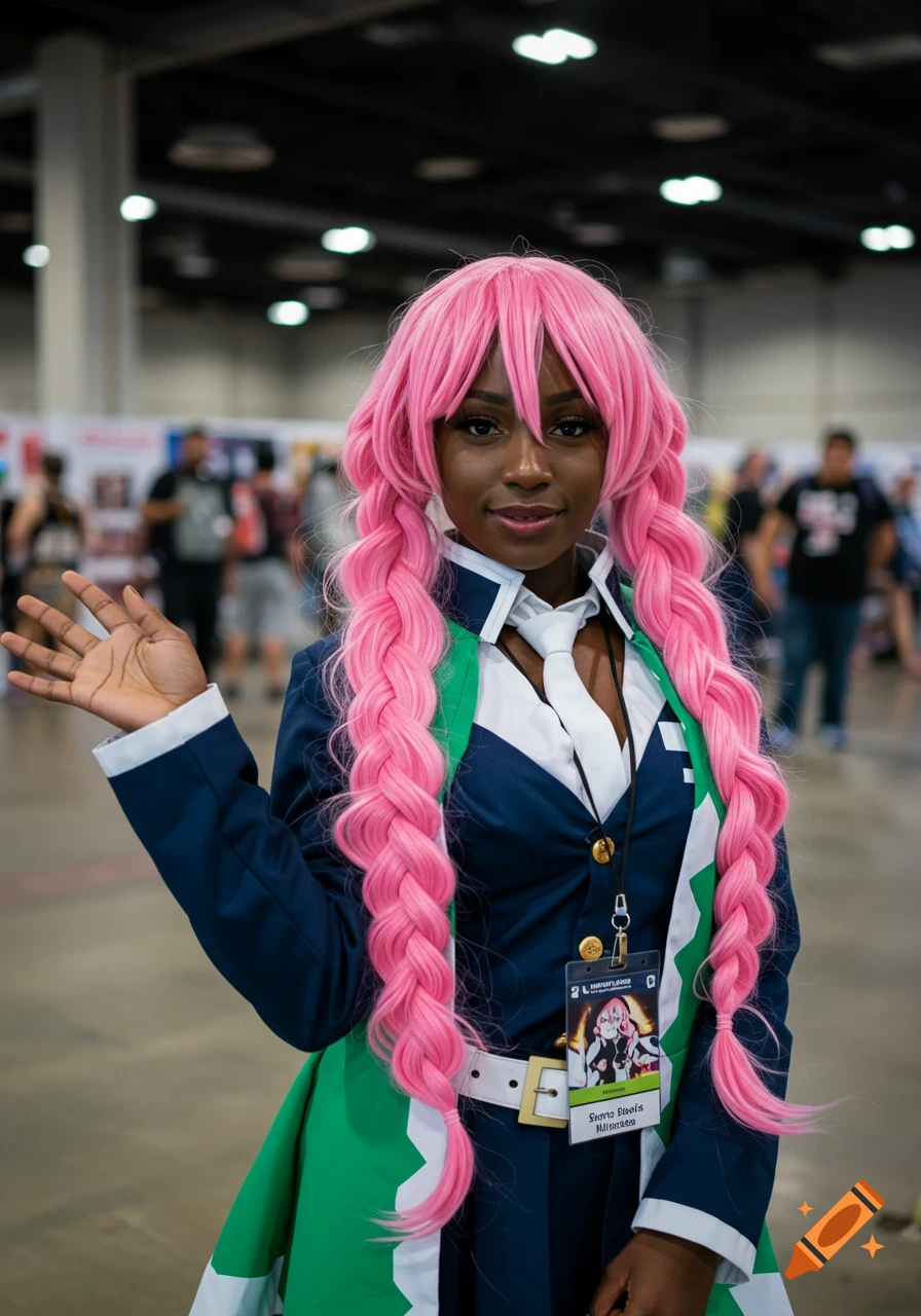 A dark-skinned woman with long pink braided pigtails wears a blue and green anime-style uniform and a convention badge, smiling at a convention.
