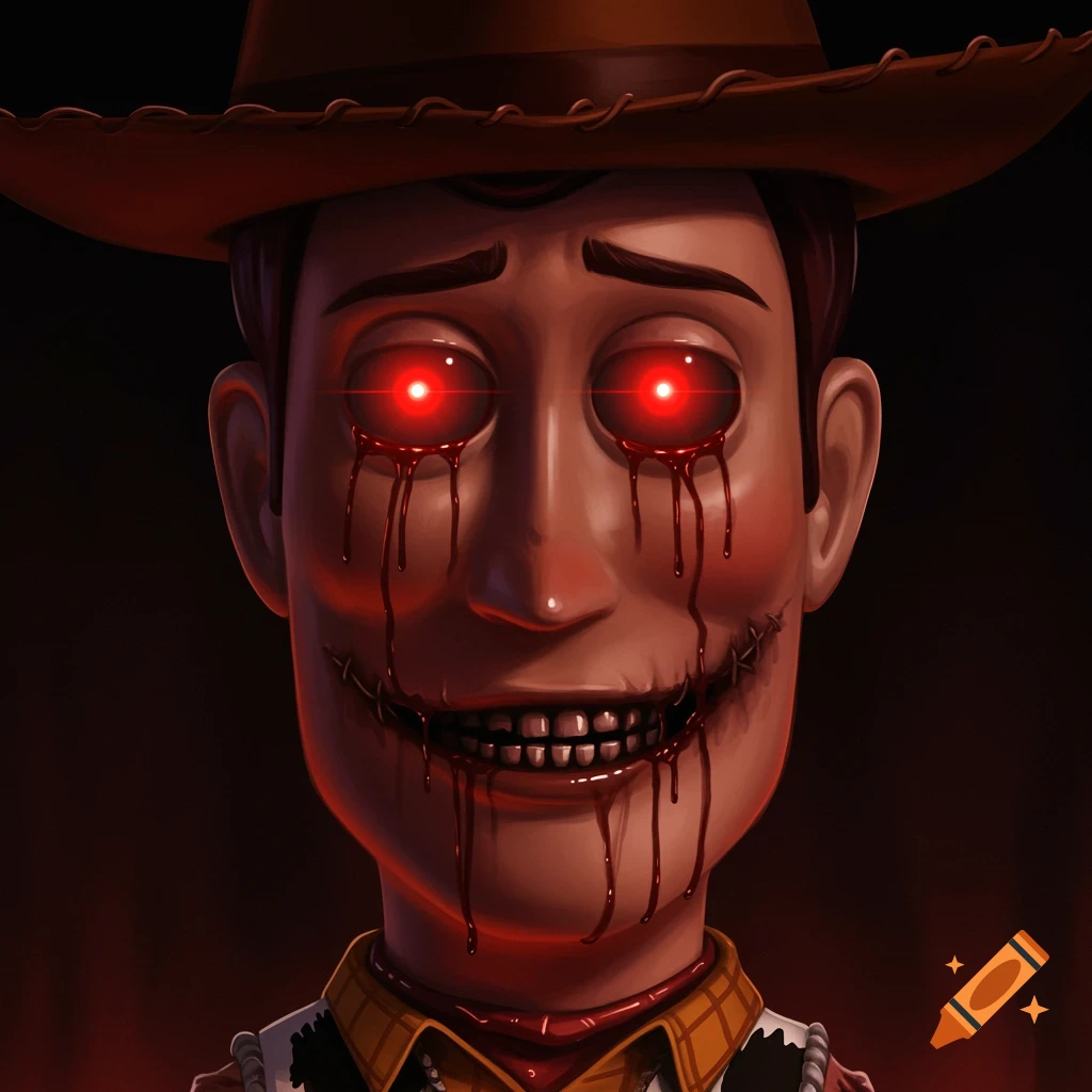 Close-up of a horror-themed Woody toy with glowing red eyes, blood-like tears, and a stitched mouth.