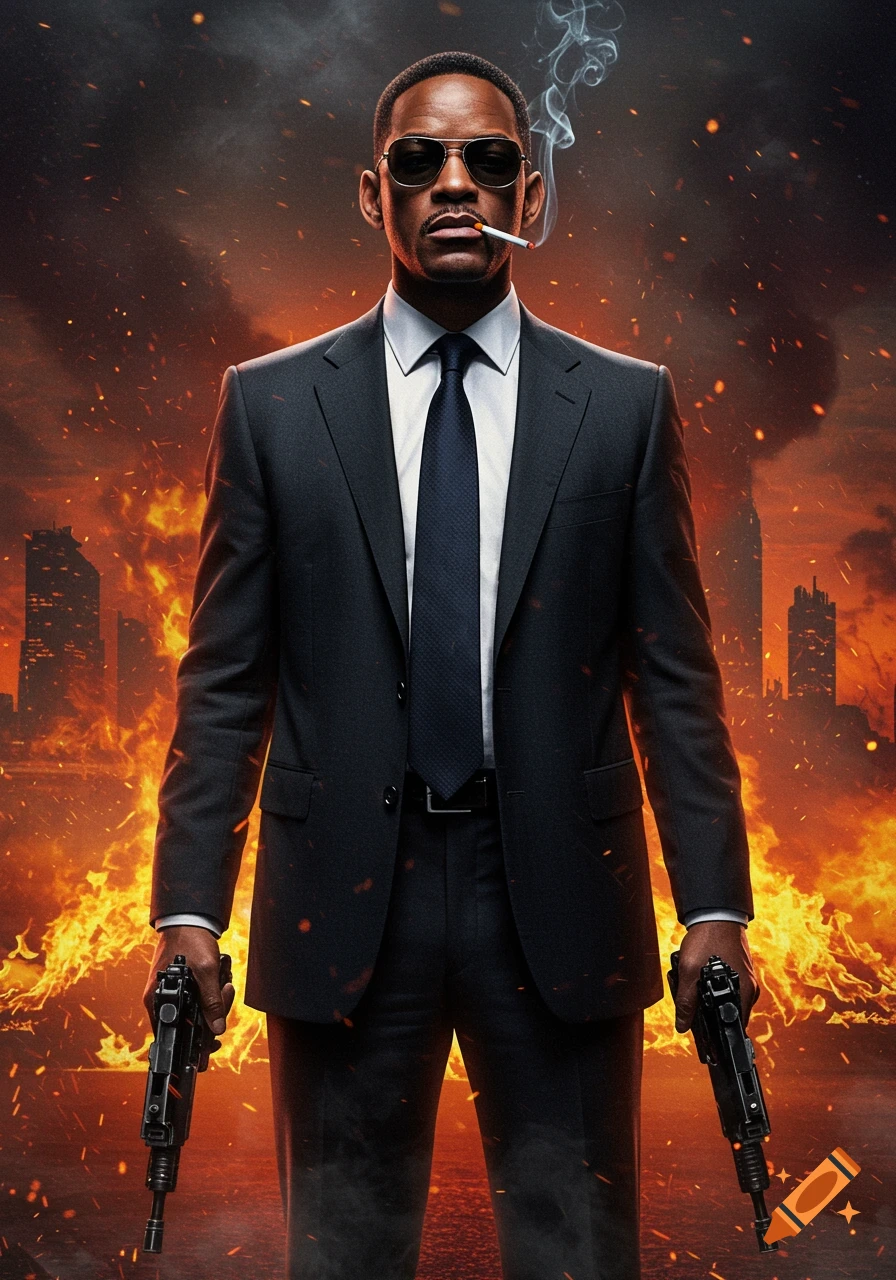 A man like Will Smith in a suit and sunglasses smokes and holds two guns, standing before a burning city, photorealistic.