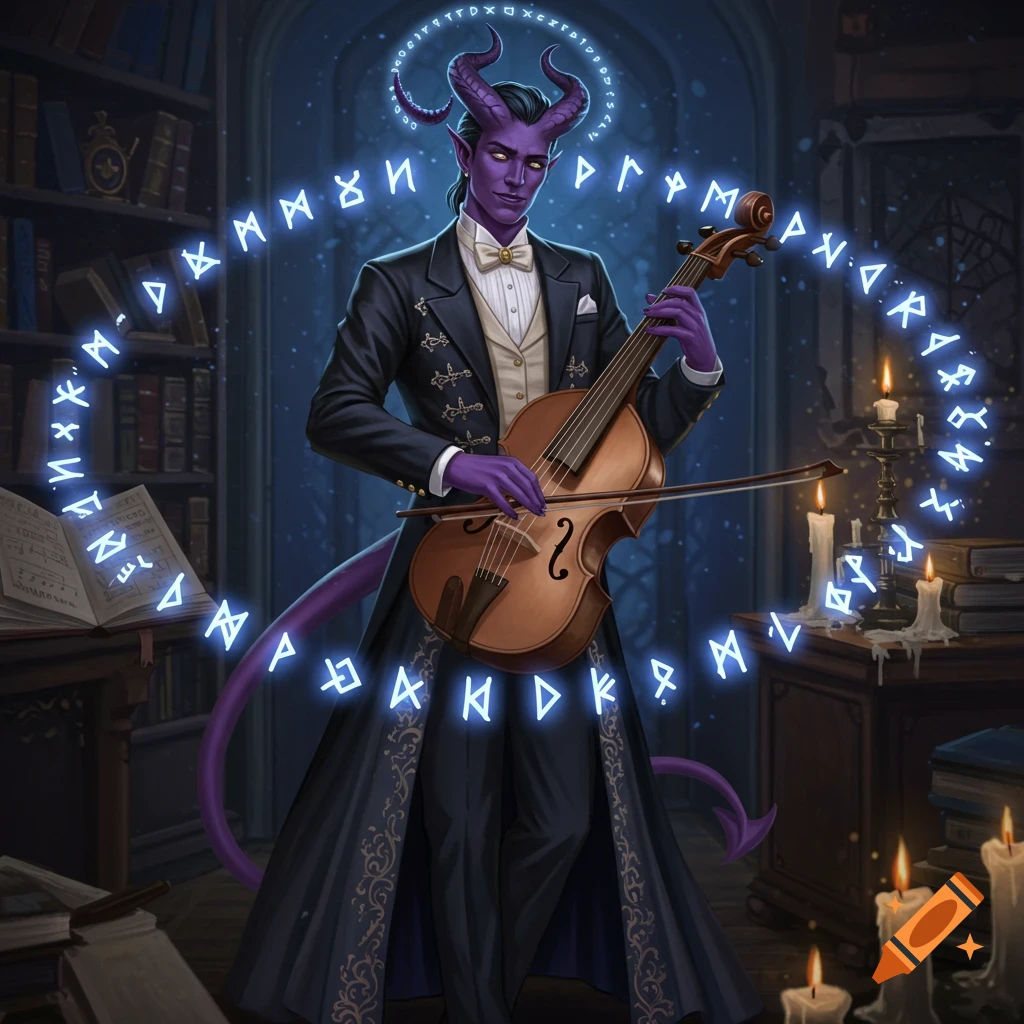 A purple male tiefling in a tuxedo dress plays a viol, surrounded by glowing arcane runes in a dark library.