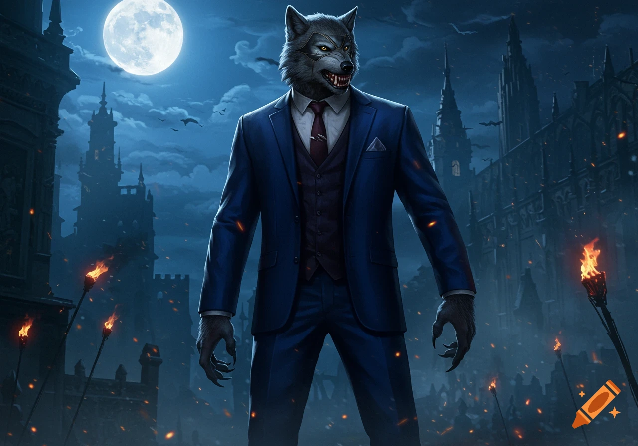 A stylized werewolf in a blue suit, vest, and tie stands under a bright full moon in a dramatic gothic castle setting with torches.