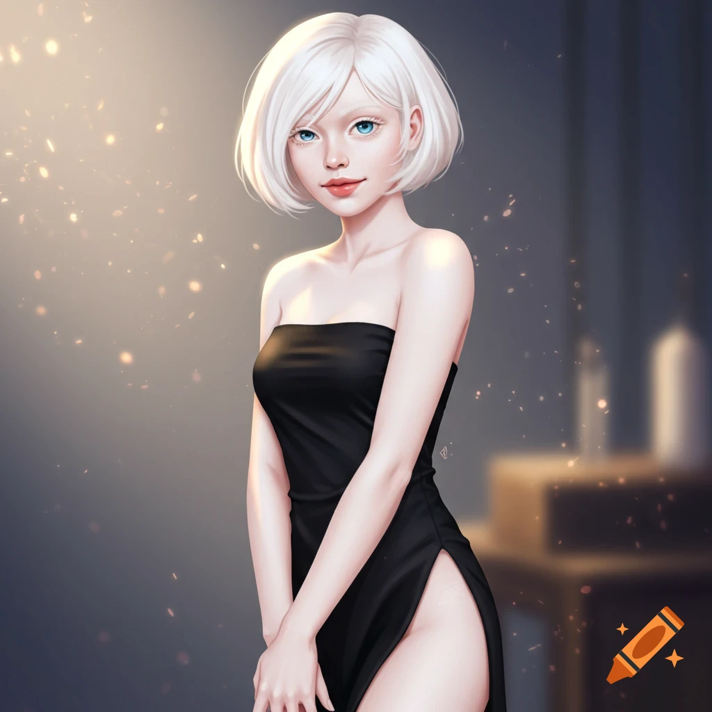 A digital illustration of an albino woman with short white hair and blue eyes, wearing a black strapless dress with a thigh-high slit, smiling softly.