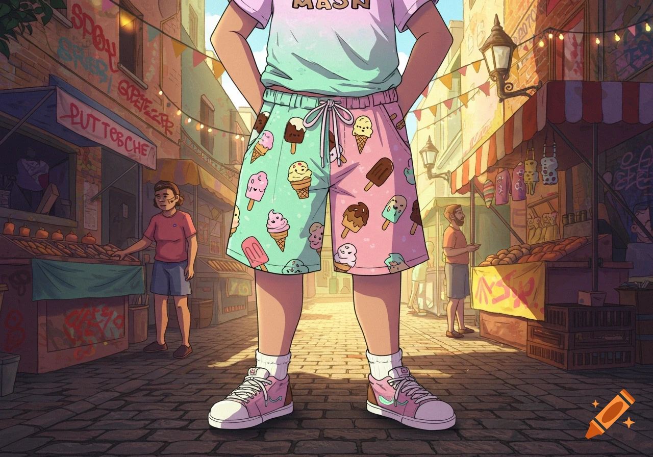 Colorful illustration of a person in ice cream patterned shorts and a pastel t-shirt standing in a bustling street market.