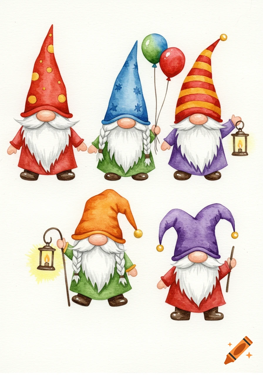 Five whimsical watercolor gnomes with colorful hats, white beards, and braids, some holding balloons or lanterns, on a white background.