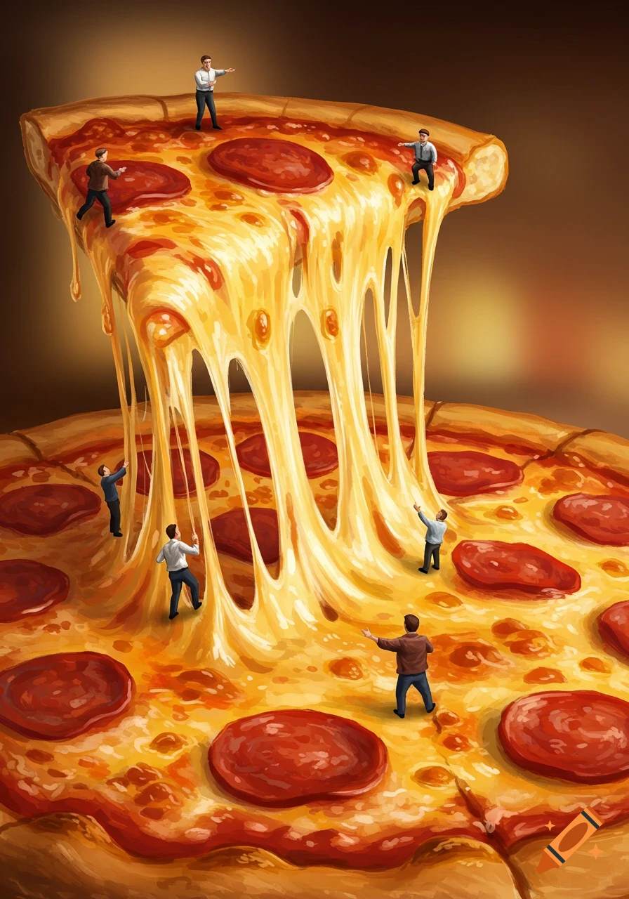 Miniature men climb and stand on a giant pepperoni pizza with long, stringy, melted cheese strings.