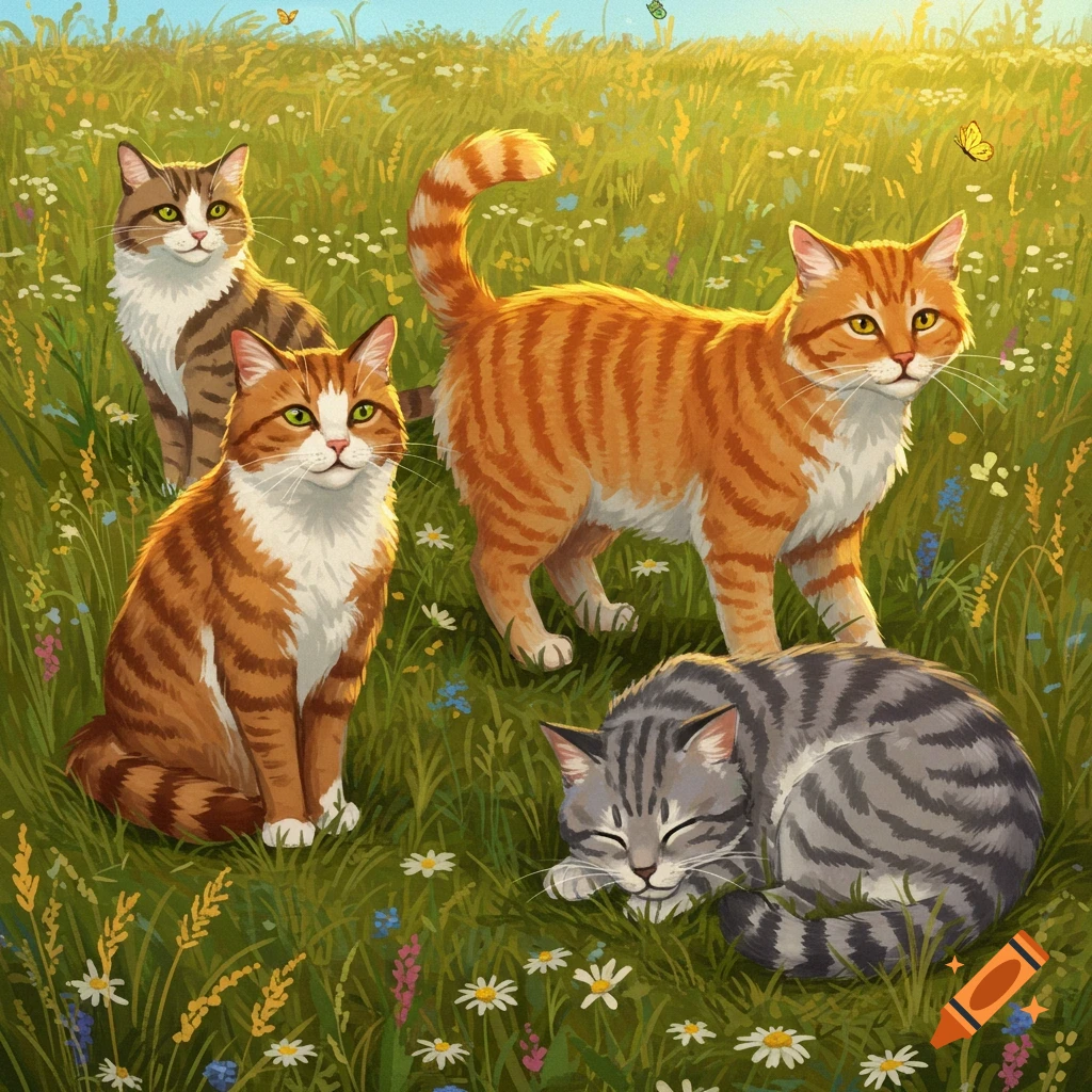 Four colorful tabby cats, one sleeping, rest alert in a sunlit grassy field with wildflowers, illustration.