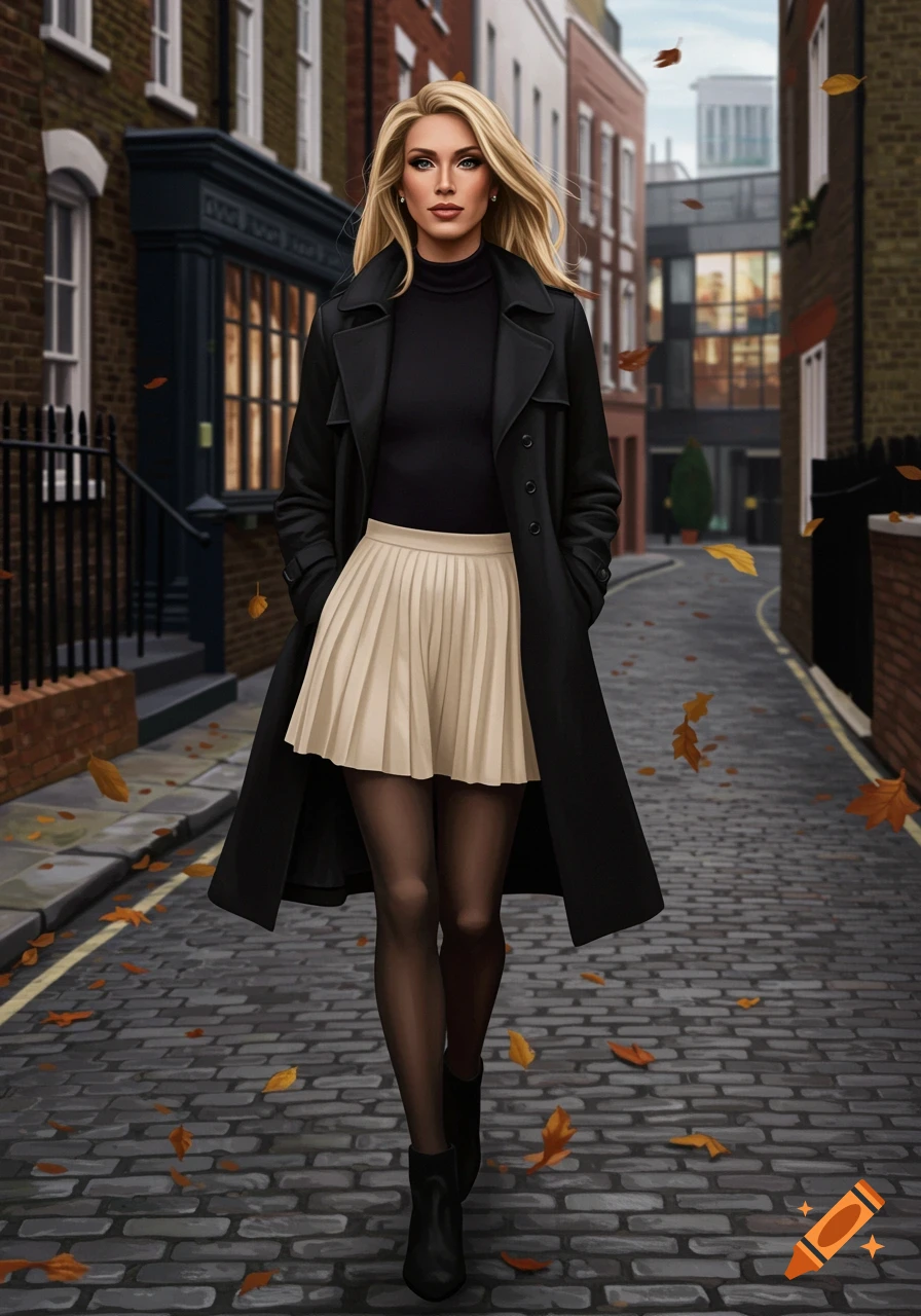 A stylish woman with blonde hair, wearing a black trench coat, cream pleated skirt, and black tights, walks on a cobblestone street with autumn leaves, flanked by brick buildings.