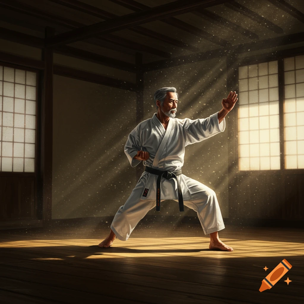 Photorealistic image of an older man in a white karate gi and black belt practicing a stance in a dimly lit dojo with light rays.