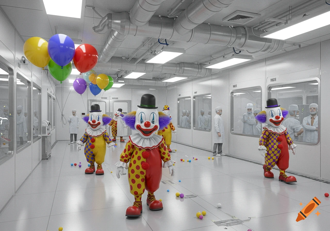 Photorealistic image of several colorful clowns with balloons and small balls scattered on the floor in a sterile white clean room.