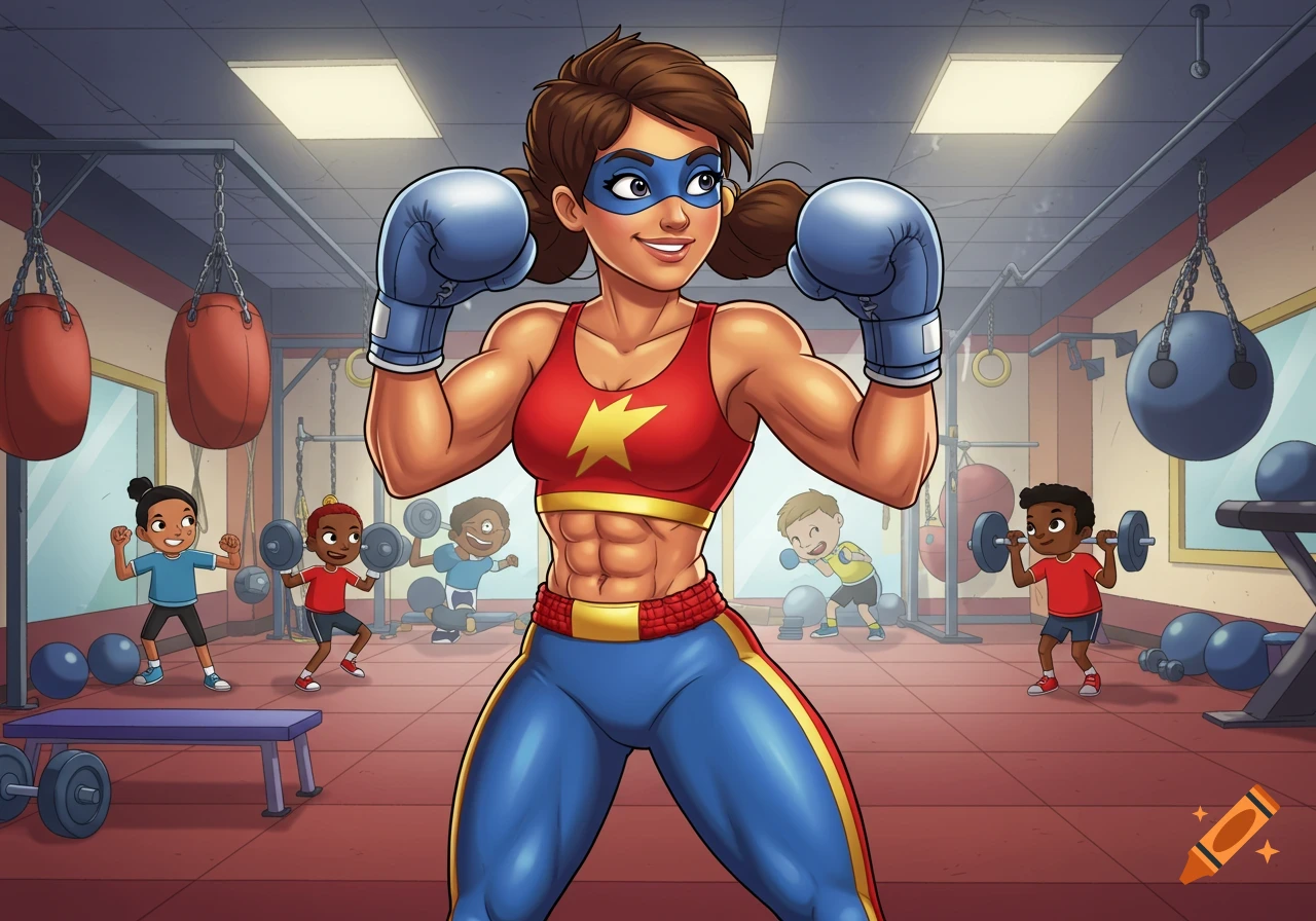 Cartoon female super boxer flexing muscles in a gym with children working out, in the style of PBS Kids Hero Elementary.