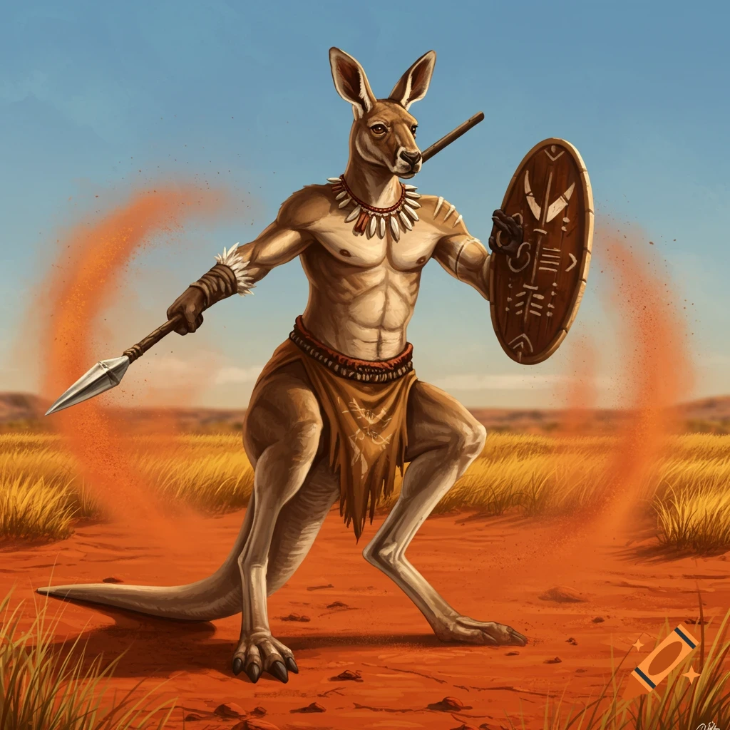 An anthropomorphic kangaroo warrior stands in a desert, holding a spear and a decorated tribal shield. The kangaroo has a muscular build and wears a skirt and necklace.
