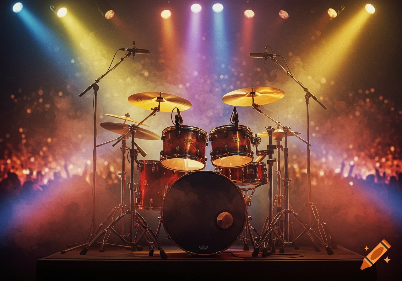 A detailed drum set illuminated by vibrant blue, purple, and yellow stage lights, with a blurry crowd in the background.